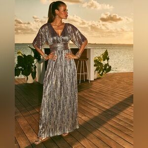 Parigi maxi dress, True Navy x Gold Metallic Rope Stripe Crinkle Knit, size M